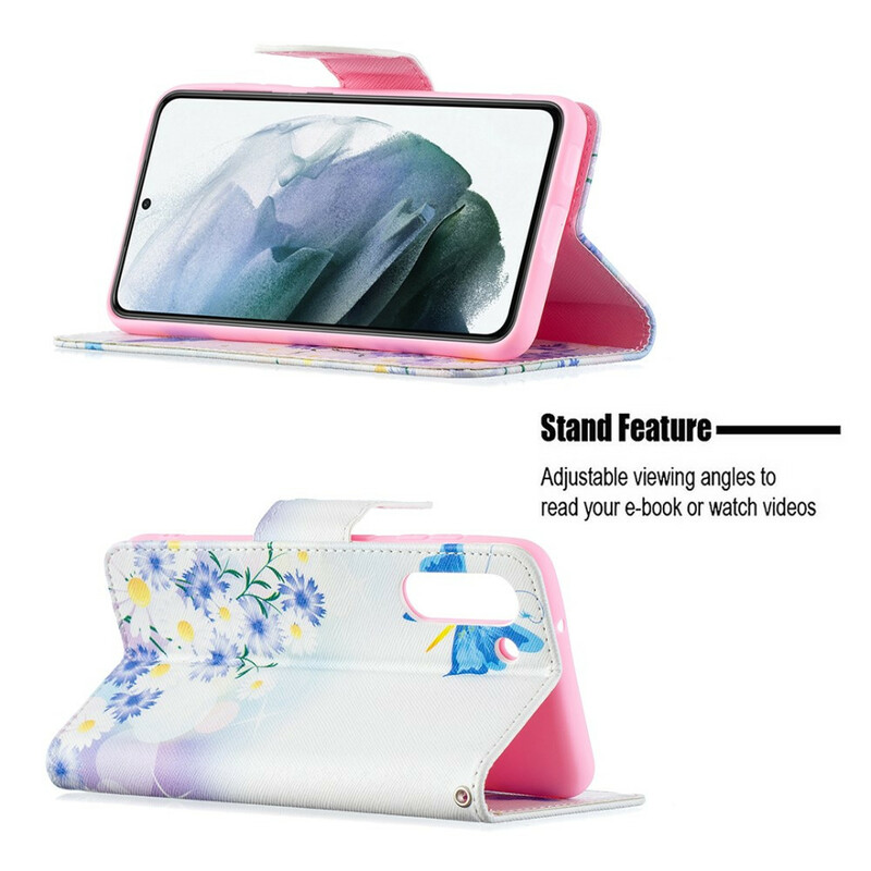 Housse Samsung Galaxy S21 FE Papillons et Fleurs Peints Housse Samsung Galaxy S21 FE Papillons et Fleurs Peints