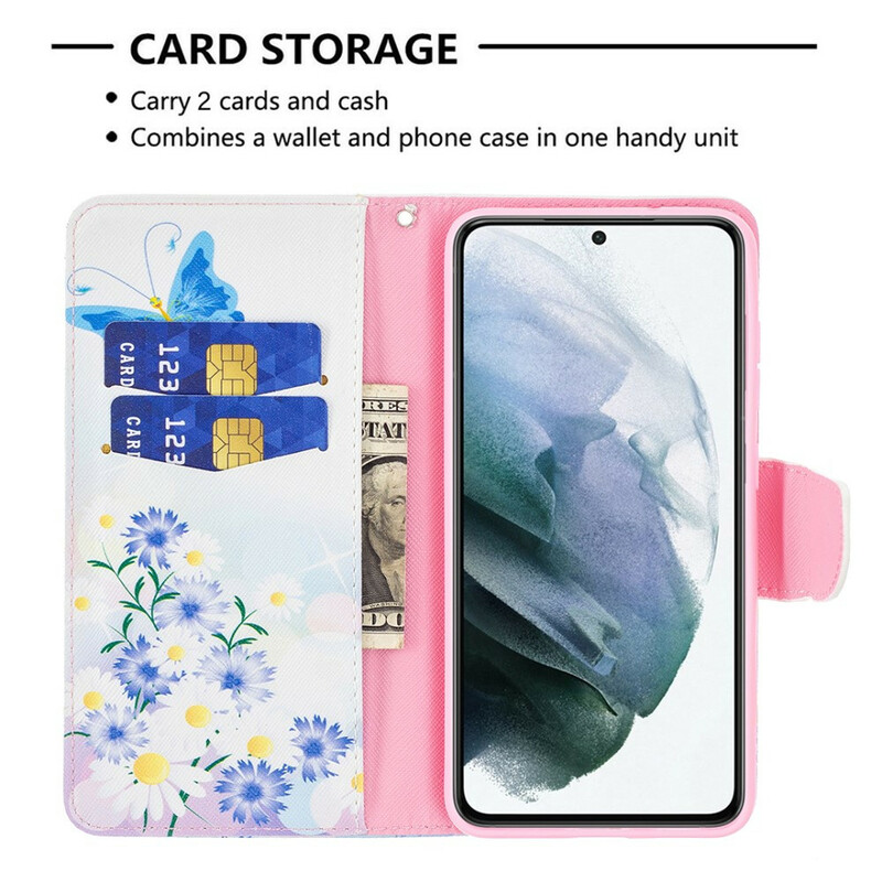 Housse Samsung Galaxy S21 FE Papillons et Fleurs Peints Housse Samsung Galaxy S21 FE Papillons et Fleurs Peints