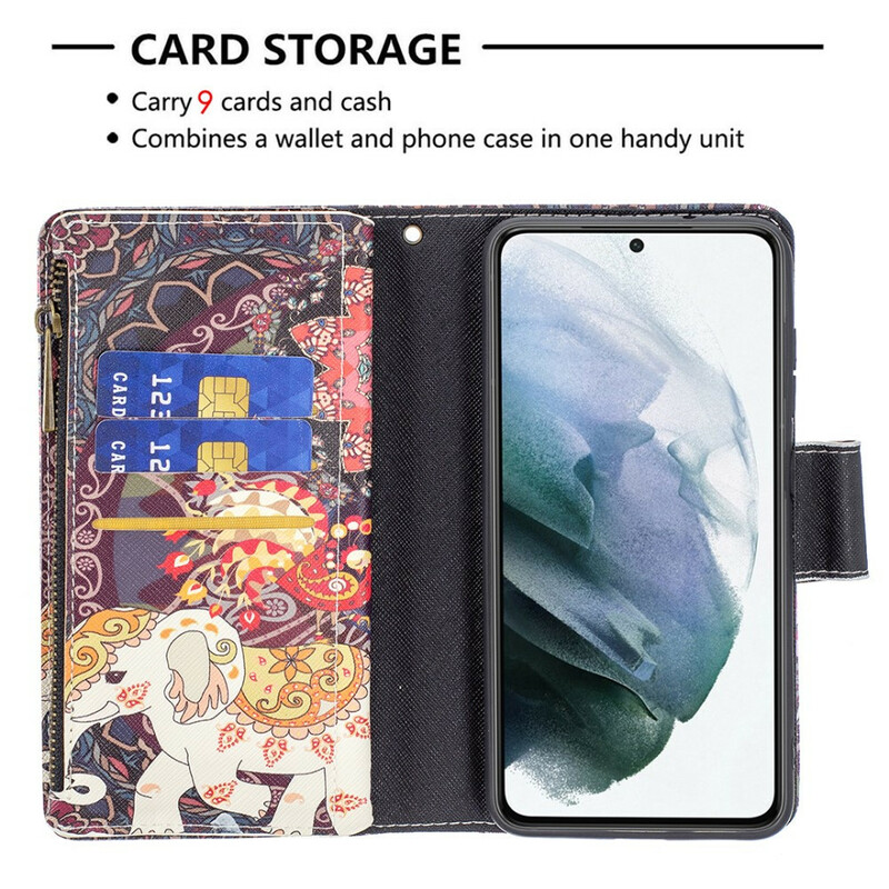 Housse Samsung Galaxy S21 FE Poche Zippée Éléphant Housse Samsung Galaxy S21 FE Poche Zippée Éléphant