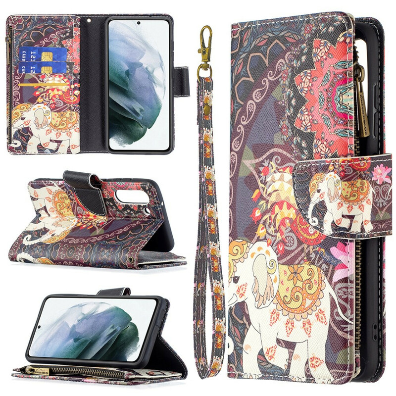 Housse Samsung Galaxy S21 FE Poche Zippée Éléphant Housse Samsung Galaxy S21 FE Poche Zippée Éléphant