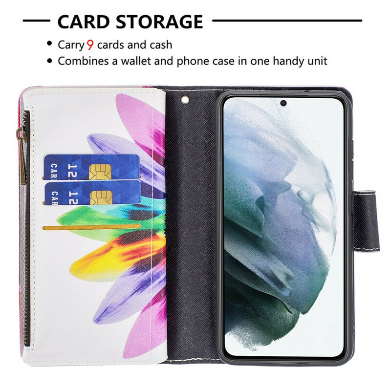 Housse Samsung Galaxy S21 FE Poche Zippée Fleur Housse Samsung Galaxy S21 FE Poche Zippée Fleur