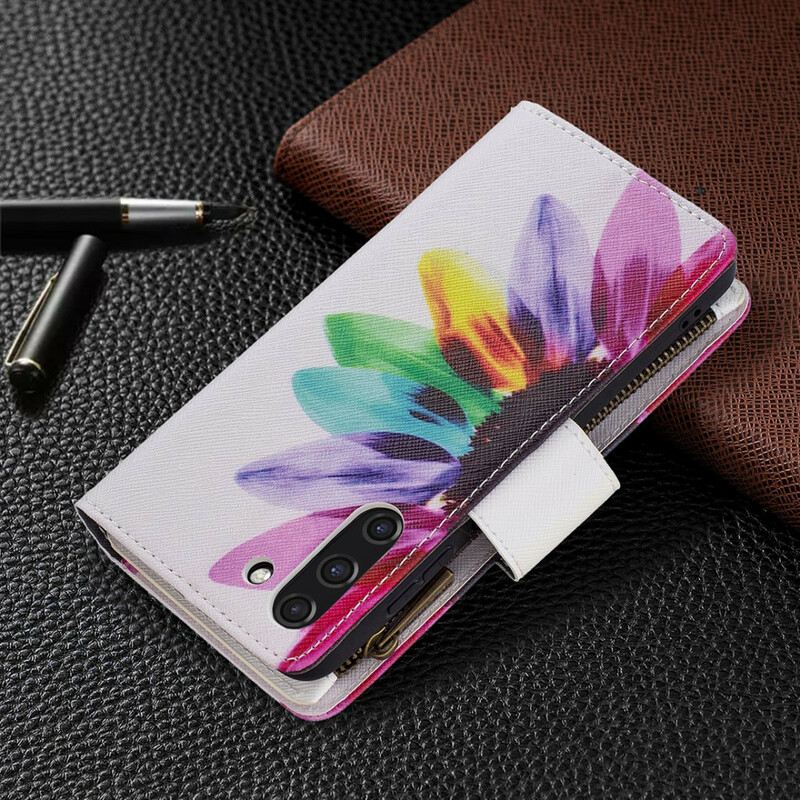 Housse Samsung Galaxy S21 FE Poche Zippée Fleur Housse Samsung Galaxy S21 FE Poche Zippée Fleur