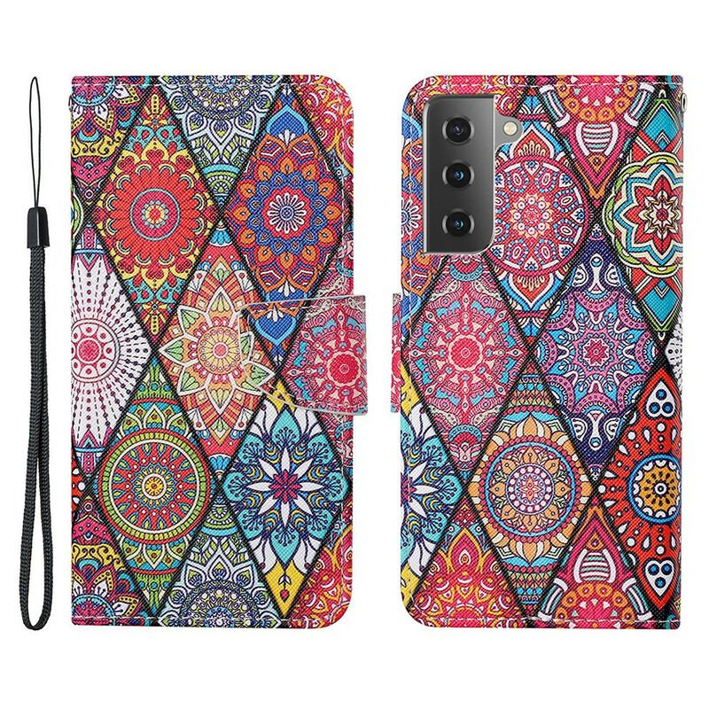 Housse Samsung Galaxy S21 FE Patchwork avec Lanière Housse Samsung Galaxy S21 FE Patchwork avec Lanière