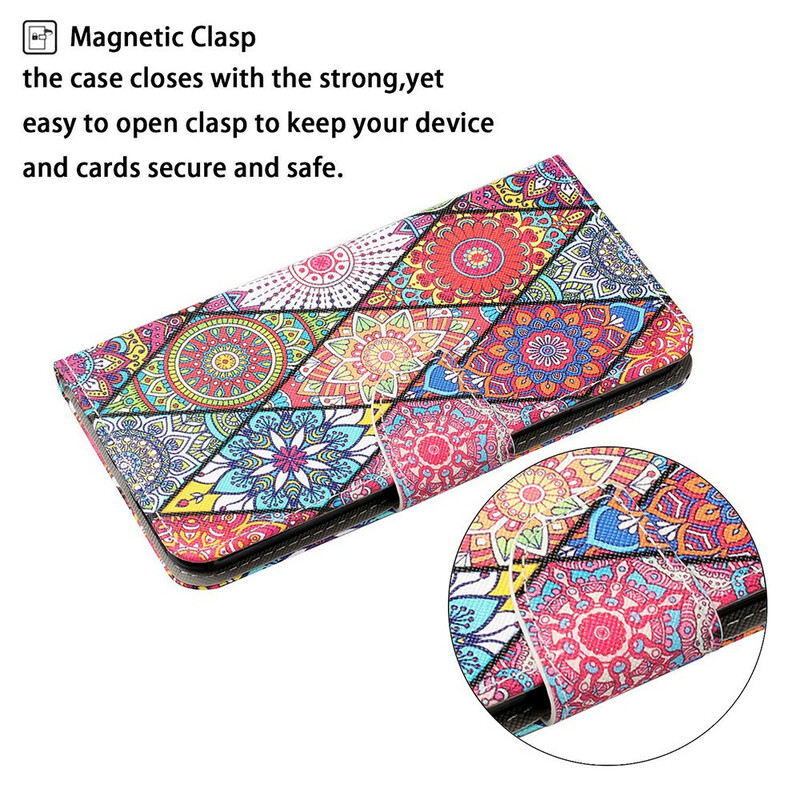 Housse Samsung Galaxy S21 FE Patchwork avec Lanière Housse Samsung Galaxy S21 FE Patchwork avec Lanière