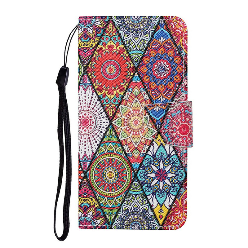 Housse Samsung Galaxy S21 FE Patchwork avec Lanière Housse Samsung Galaxy S21 FE Patchwork avec Lanière