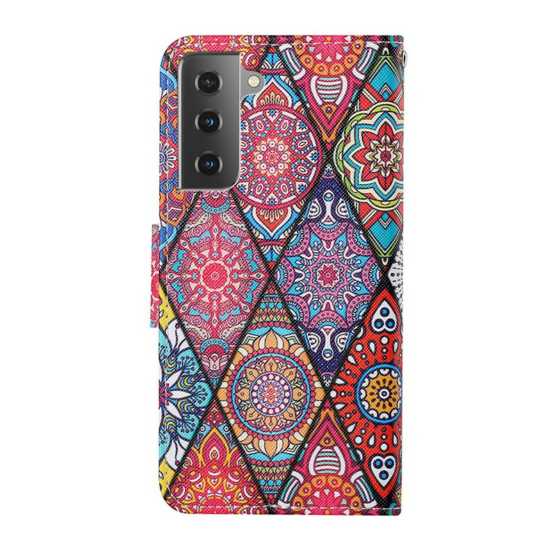 Housse Samsung Galaxy S21 FE Patchwork avec Lanière Housse Samsung Galaxy S21 FE Patchwork avec Lanière