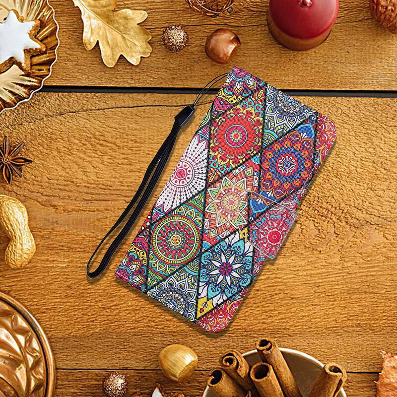 Housse Samsung Galaxy S21 FE Patchwork avec Lanière Housse Samsung Galaxy S21 FE Patchwork avec Lanière