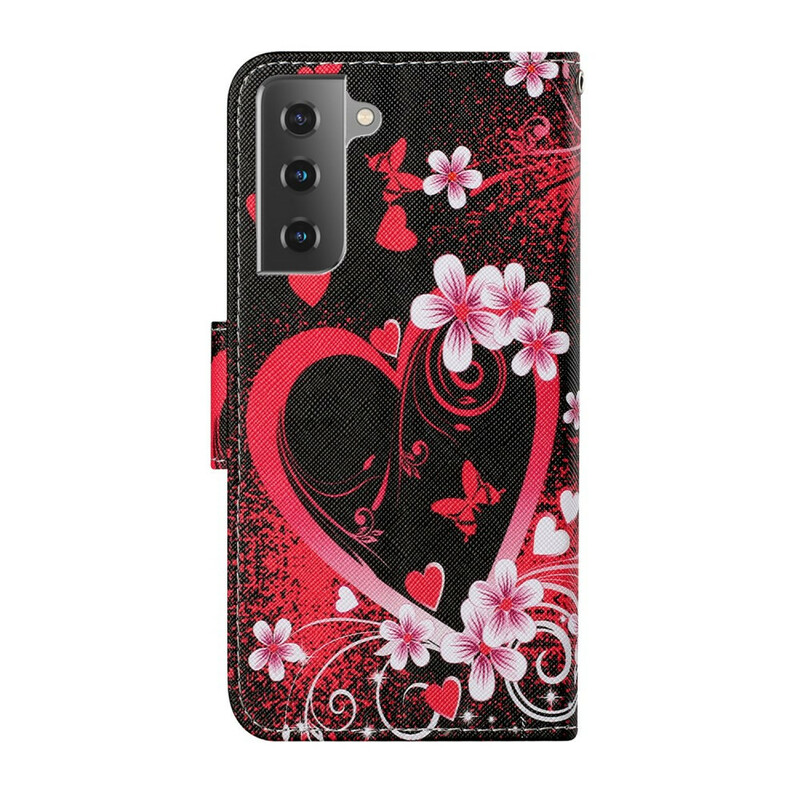 Housse Samsung Galaxy S21 FE Fleurs et Coeurs avec Lanière