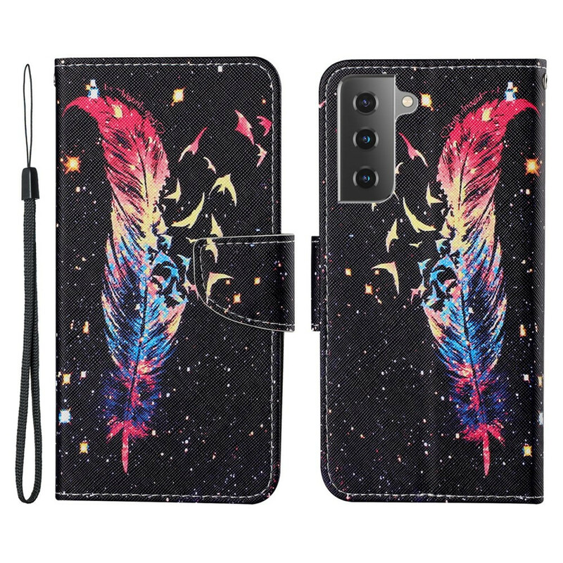 Housse Samsung Galaxy S21 FE Plume Colorée à Lanière Housse Samsung Galaxy S21 FE Plume Colorée à Lanière