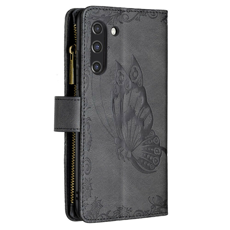 Housse Samsung Galaxy S21 FE Papillon Baroque Poche Zippée