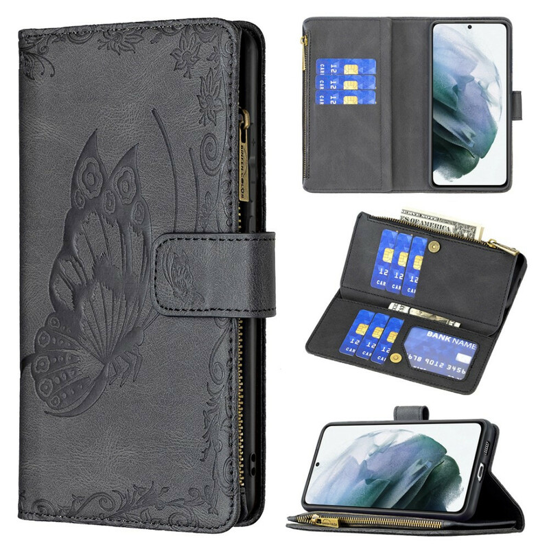 Housse Samsung Galaxy S21 FE Papillon Baroque Poche Zippée Housse Samsung Galaxy S21 FE Papillon Baroque Poche Zippée