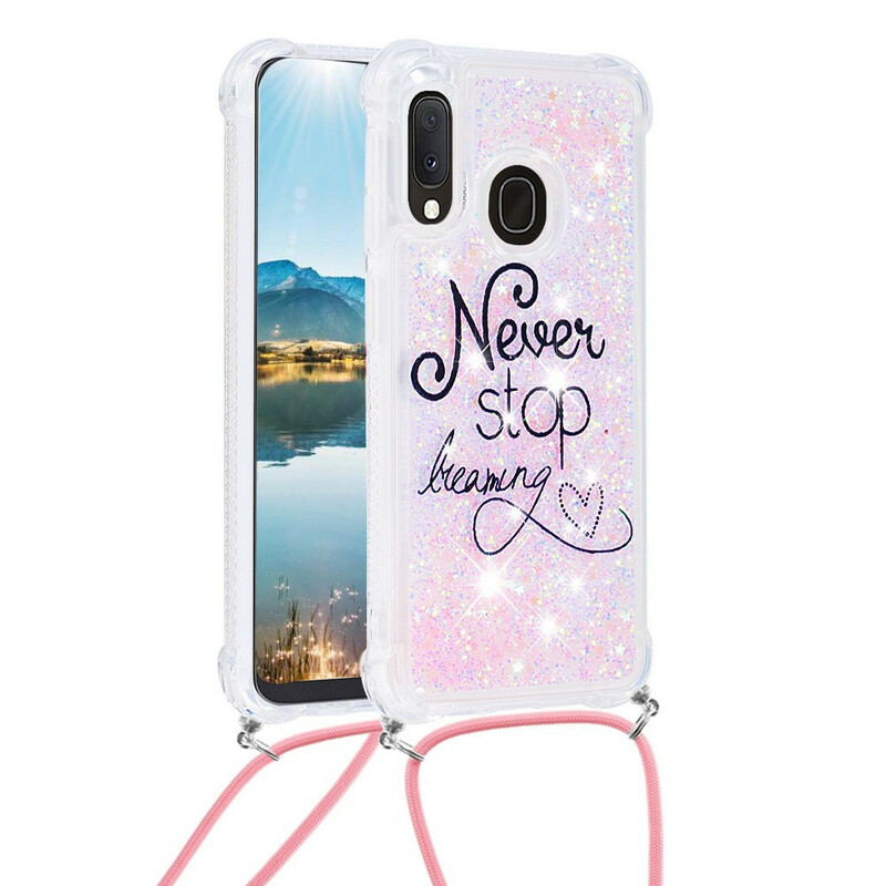 Coque Samsung Galaxy A20e à Cordon Paillettes Never Stop