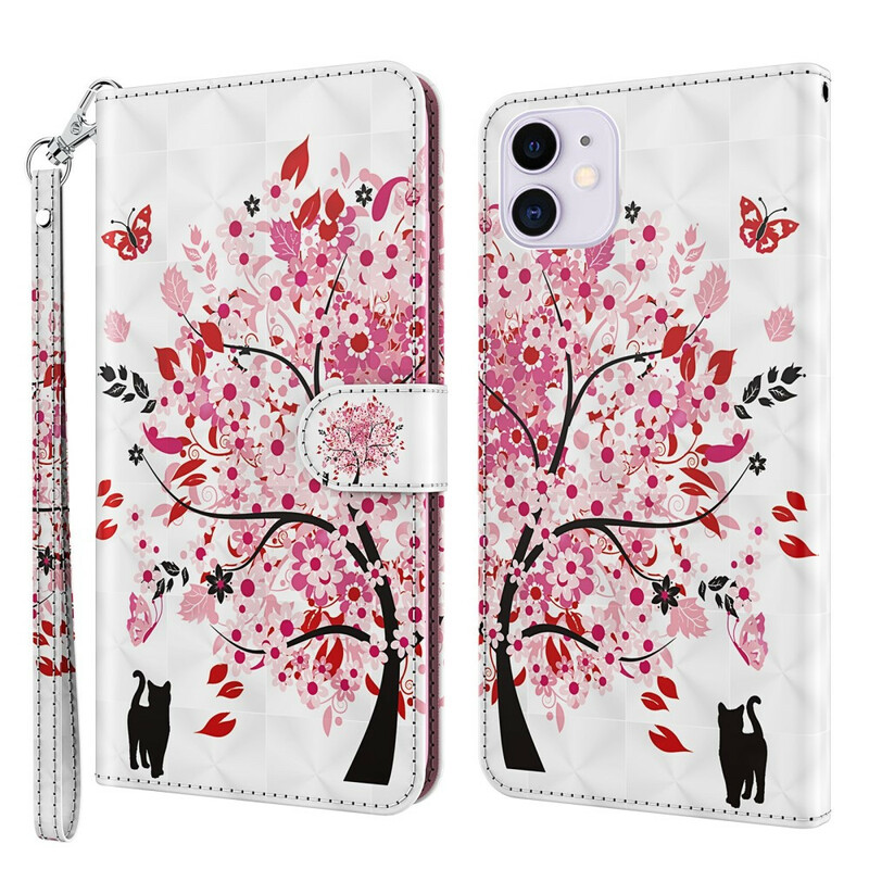 Housse iPhone 13 Mini Arbre Rose et Chat Noir