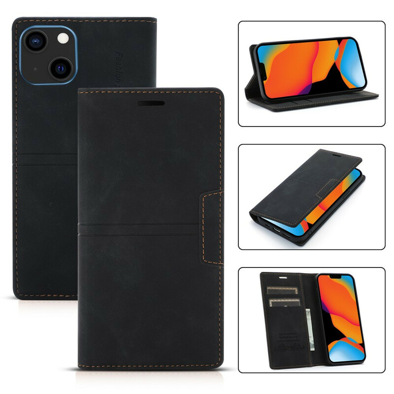 Flip Cover iPhone 13 Mini Style Cuir Couture Fermoir Magnétique Flip Cover iPhone 13 Mini Style Cuir Couture Fermoir Magnétique
