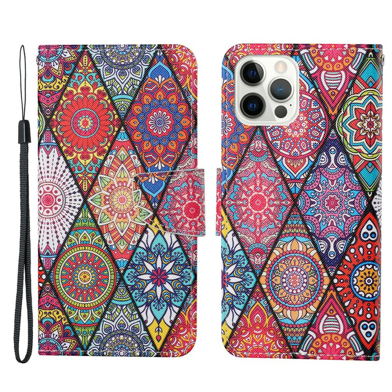 Housse iPhone 13 Pro Patchwork avec Lanière Housse iPhone 13 Pro Patchwork avec Lanière