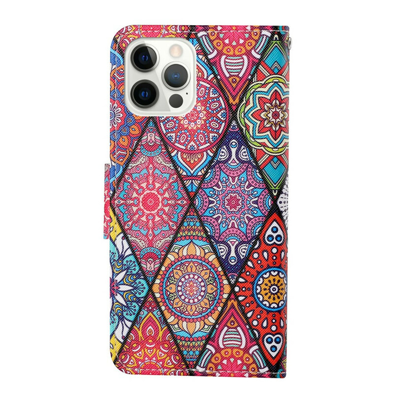 Housse iPhone 13 Pro Patchwork avec Lanière Housse iPhone 13 Pro Patchwork avec Lanière