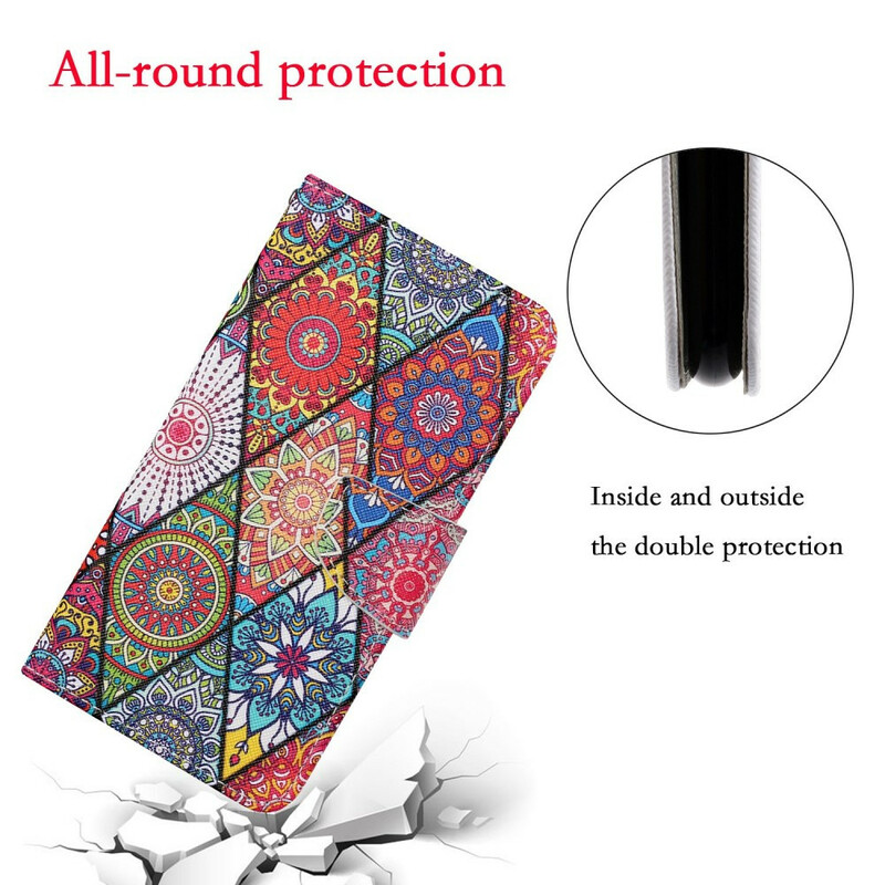 Housse iPhone 13 Pro Patchwork avec Lanière Housse iPhone 13 Pro Patchwork avec Lanière