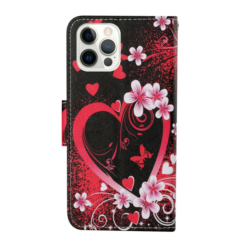 Housse iPhone 13 Pro Fleurs et Coeurs avec Lanière
