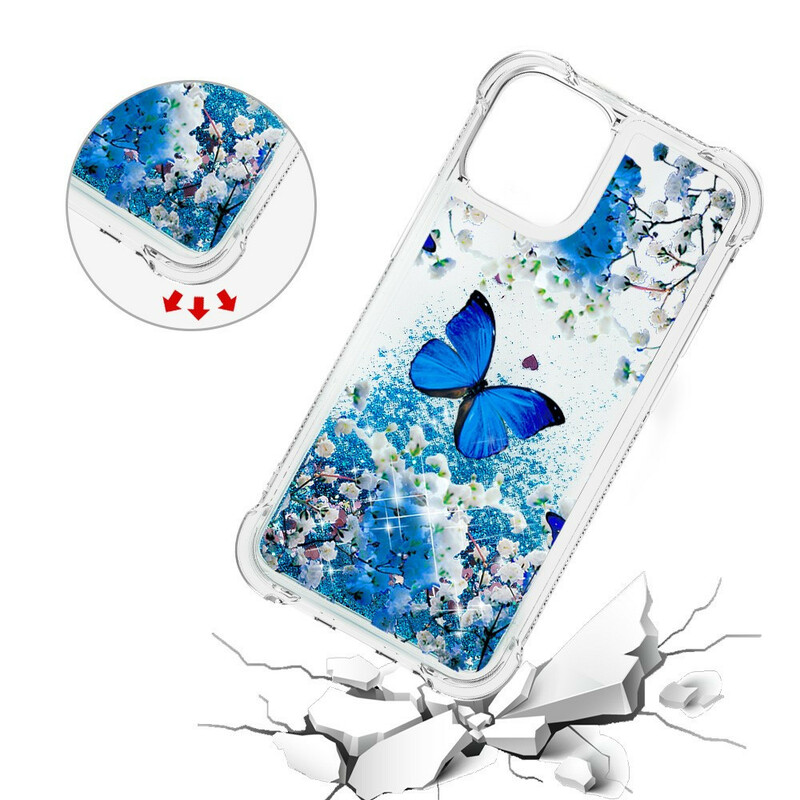 Coque iPhone 13 Pro Papillons Bleus Paillettes