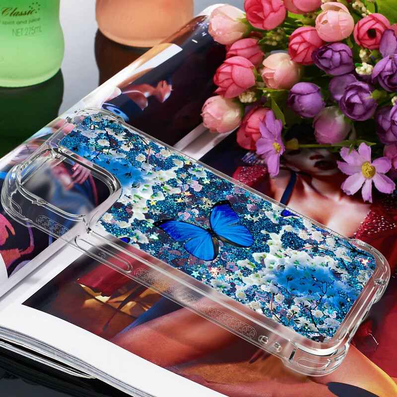 Coque iPhone 13 Pro Papillons Bleus Paillettes Coque iPhone 13 Pro Papillons Bleus Paillettes