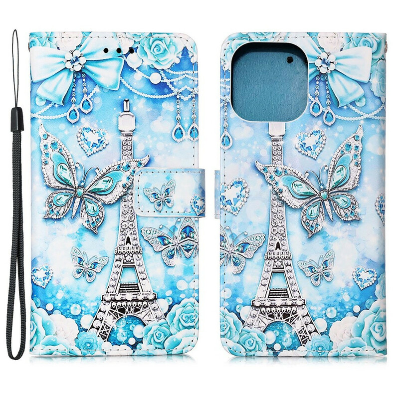 Housse iPhone 13 Pro Max Tour Eiffel Papillons à Lanière Housse iPhone 13 Pro Max Tour Eiffel Papillons à Lanière