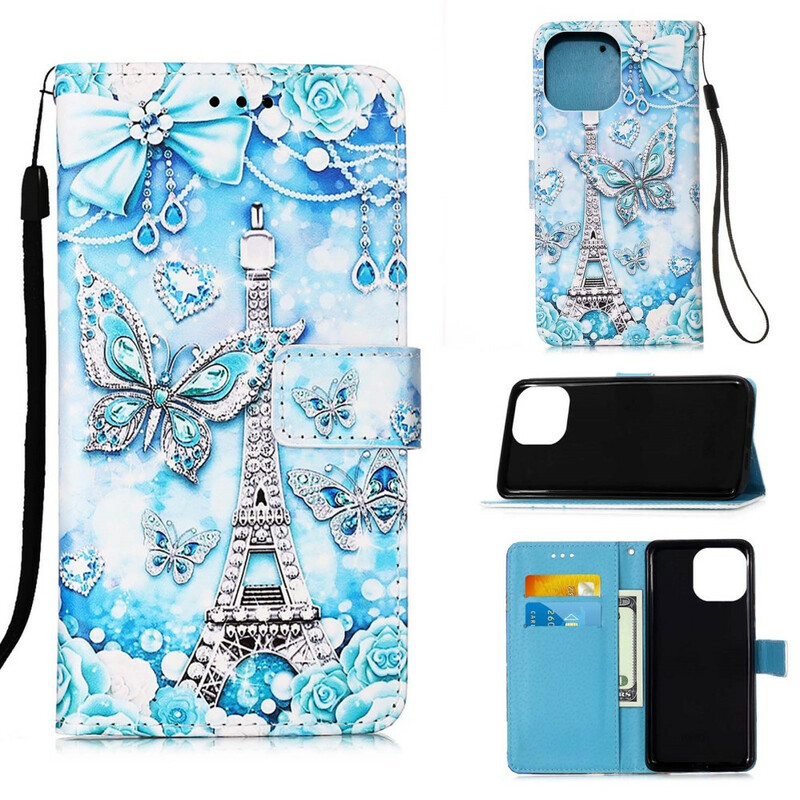 Housse iPhone 13 Pro Max Tour Eiffel Papillons à Lanière