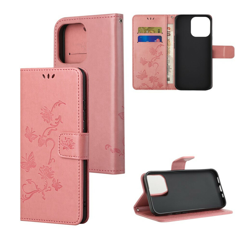 Housse iPhone 13 Pro Papillons et Fleurs à Lanière