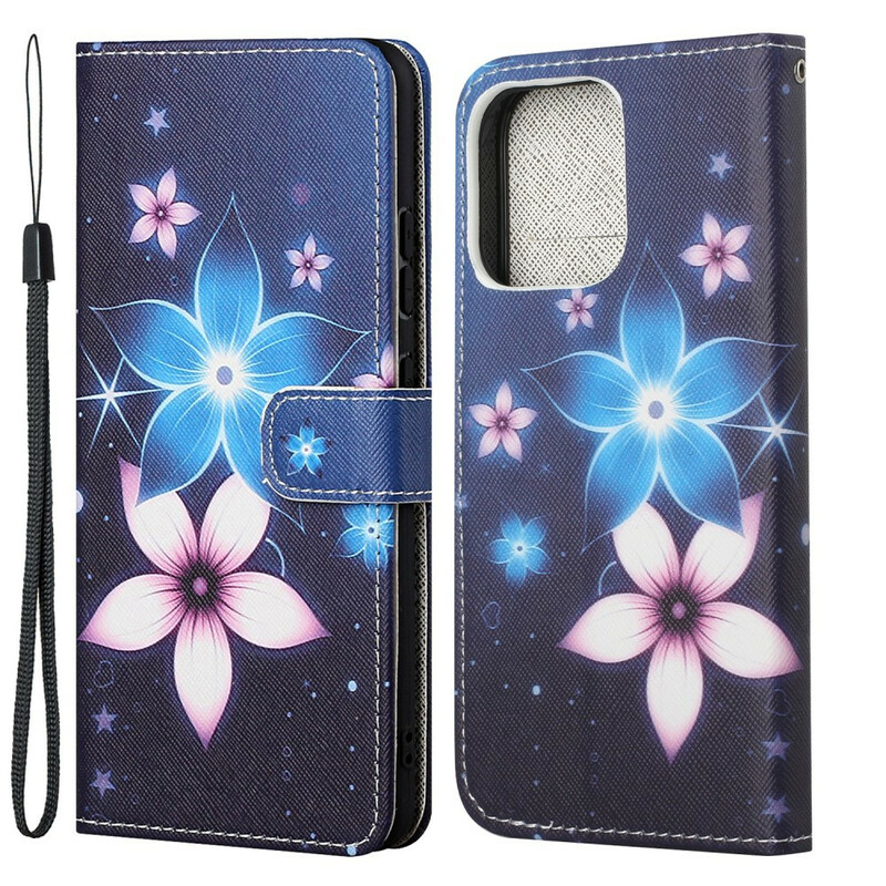 Housse iPhone 13 Fleurs Lunaires à Lanière Housse iPhone 13 Fleurs Lunaires à Lanière