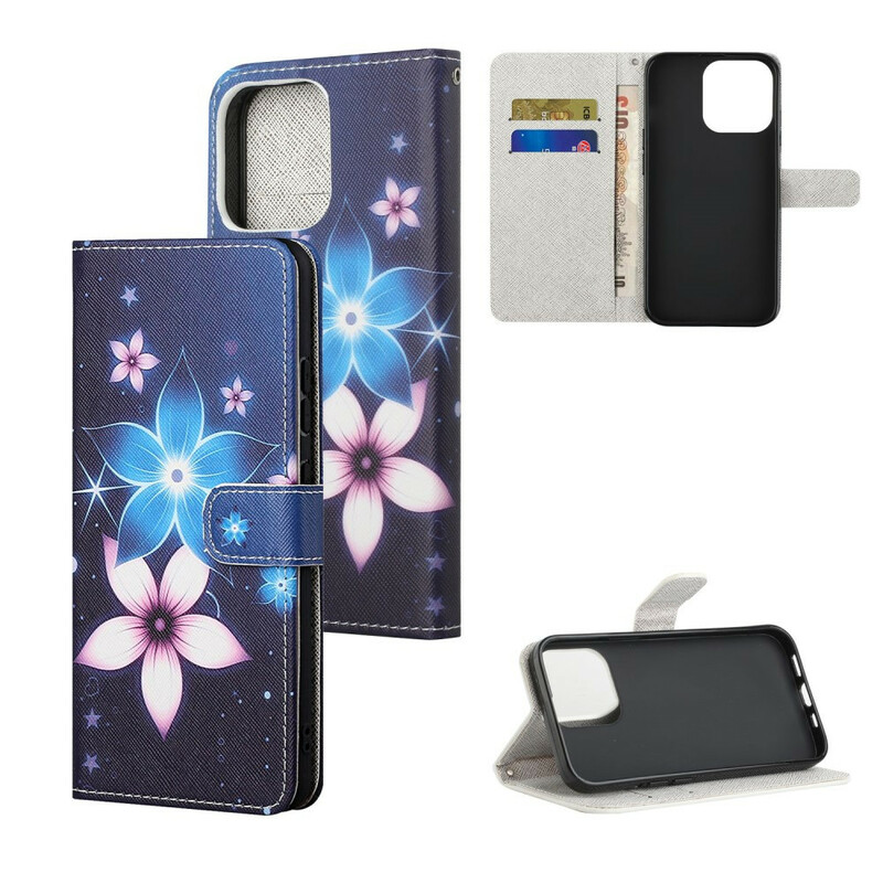 Housse iPhone 13 Fleurs Lunaires à Lanière Housse iPhone 13 Fleurs Lunaires à Lanière