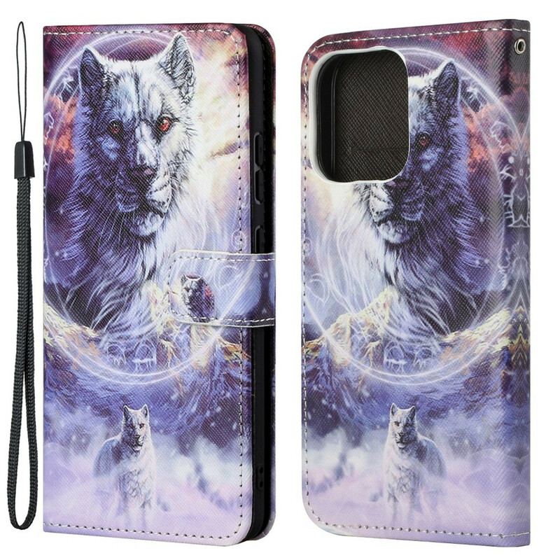 Housse iPhone 13 Loup en Hiver avec Lanière Housse iPhone 13 Loup en Hiver avec Lanière