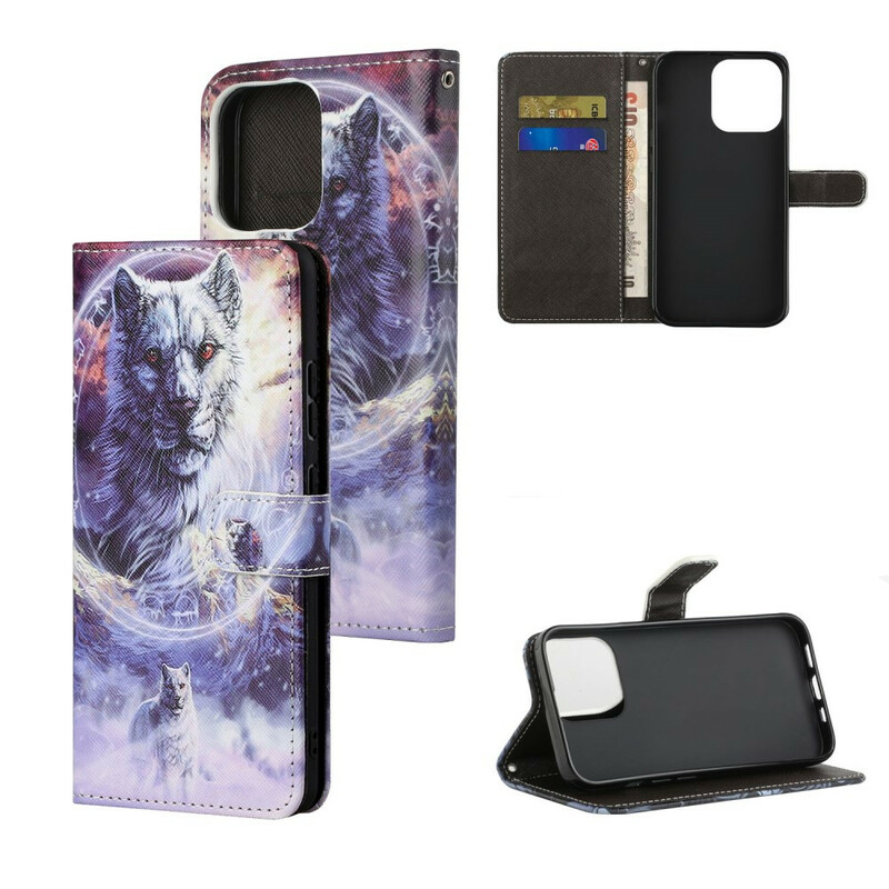 Housse iPhone 13 Loup en Hiver avec Lanière Housse iPhone 13 Loup en Hiver avec Lanière