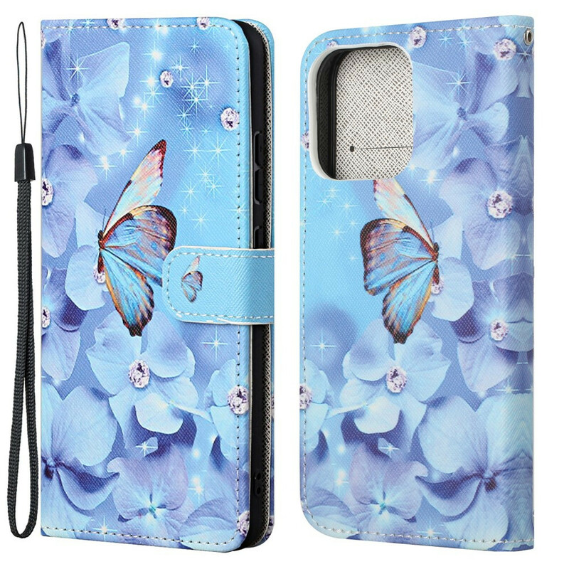 Housse iPhone 13 Papillons Diamants à Lanière Housse iPhone 13 Papillons Diamants à Lanière