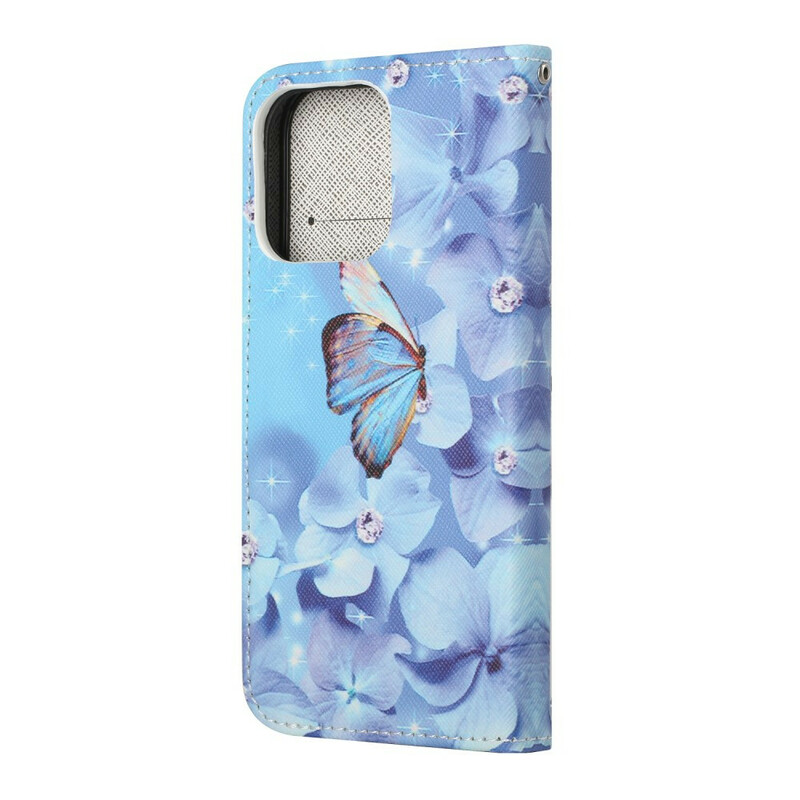 Housse iPhone 13 Papillons Diamants à Lanière Housse iPhone 13 Papillons Diamants à Lanière