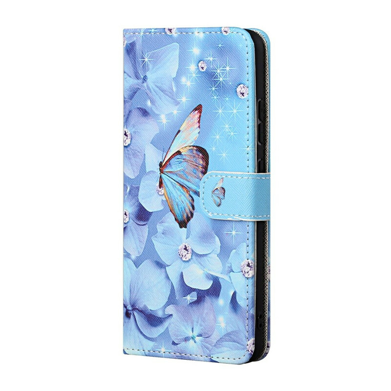 Housse iPhone 13 Papillons Diamants à Lanière Housse iPhone 13 Papillons Diamants à Lanière