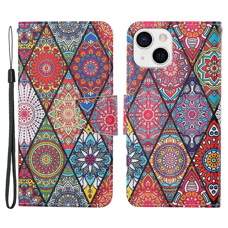Housse iPhone 13 Patchwork avec Lanière Housse iPhone 13 Patchwork avec Lanière