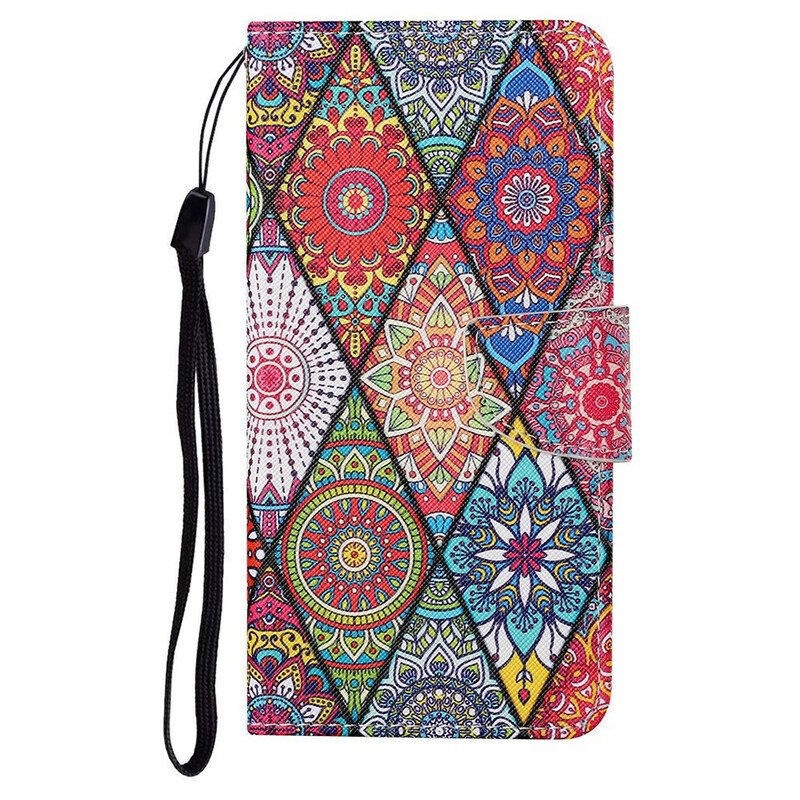Housse iPhone 13 Patchwork avec Lanière Housse iPhone 13 Patchwork avec Lanière