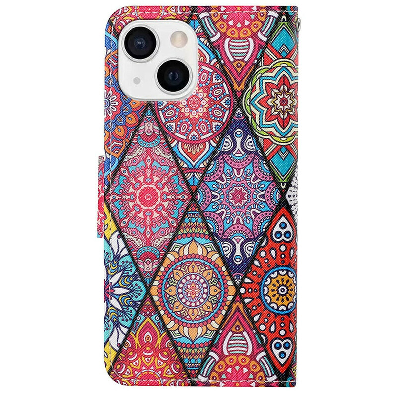 Housse iPhone 13 Patchwork avec Lanière Housse iPhone 13 Patchwork avec Lanière