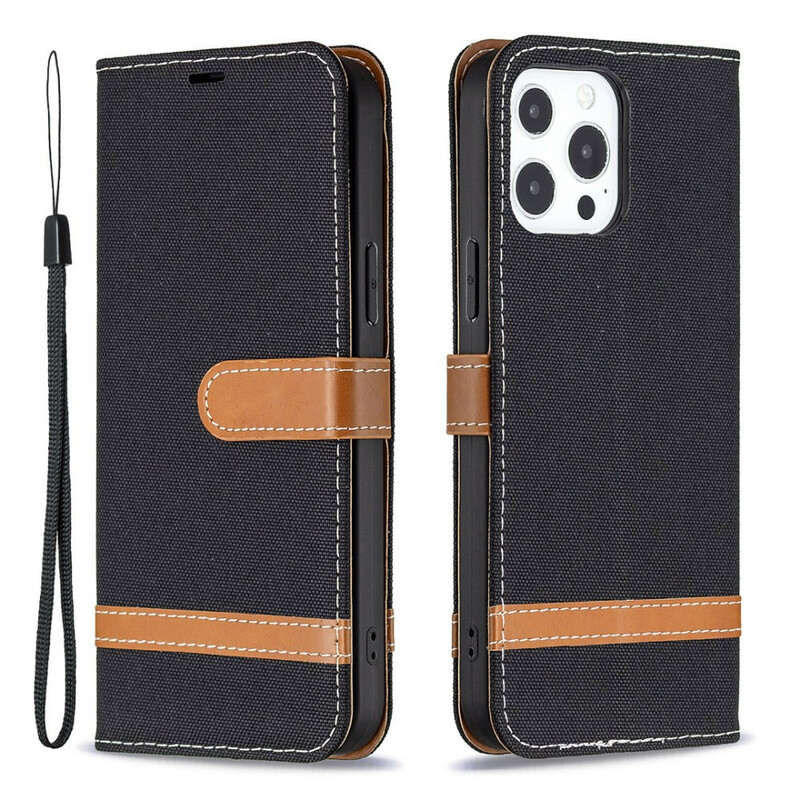 Housse iPhone 13 Pro Max Tissu et Effet Cuir à Lanière Housse iPhone 13 Pro Max Tissu et Effet Cuir à Lanière