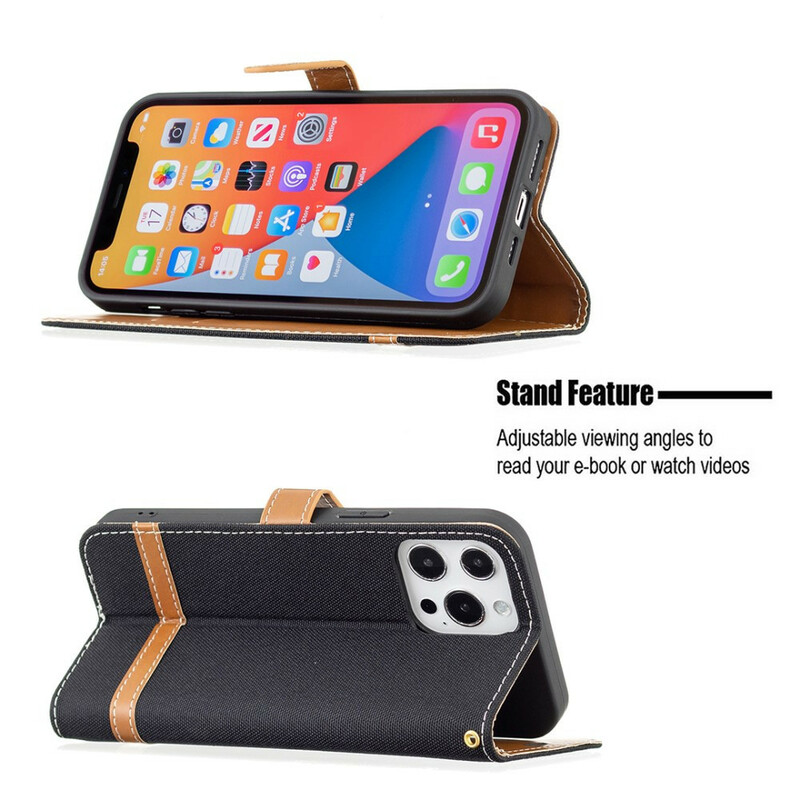 Housse iPhone 13 Pro Max Tissu et Effet Cuir à Lanière Housse iPhone 13 Pro Max Tissu et Effet Cuir à Lanière