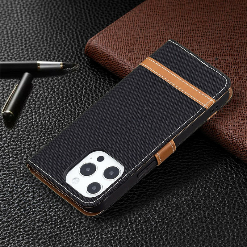 Housse iPhone 13 Pro Max Tissu et Effet Cuir à Lanière Housse iPhone 13 Pro Max Tissu et Effet Cuir à Lanière