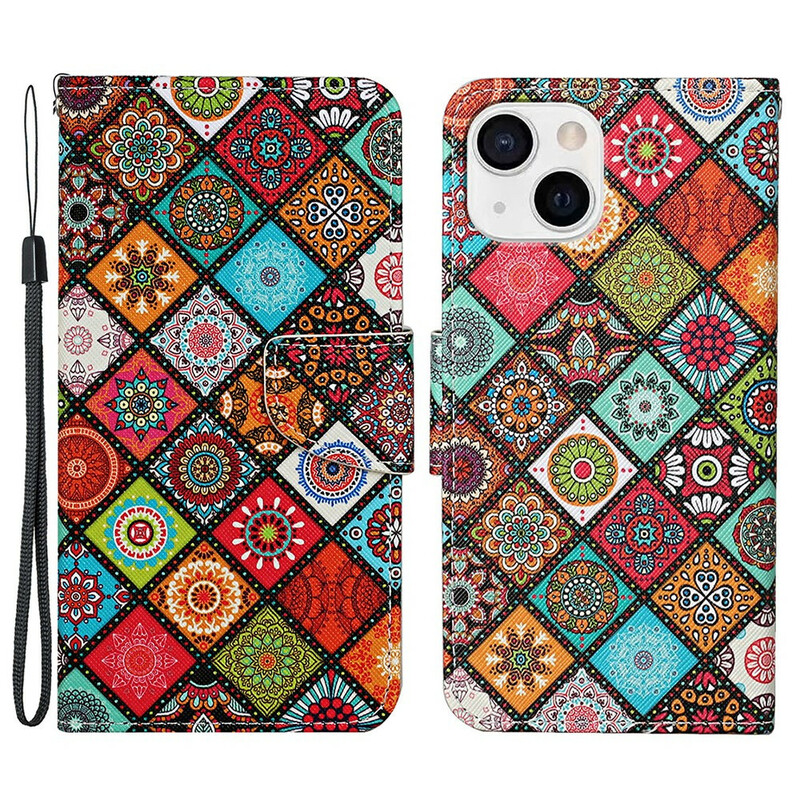 Housse iPhone 13 Patchwork Mandalas avec Lanière Housse iPhone 13 Patchwork Mandalas avec Lanière