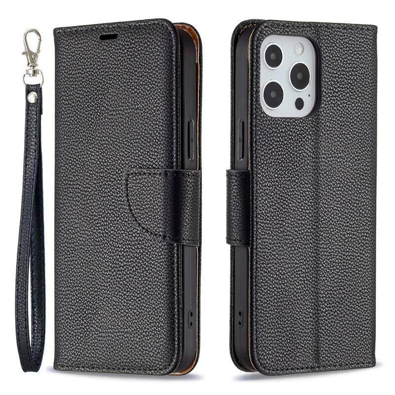 Housse iPhone 13 Pro Max Effet Cuir Litchi Coloré à Lanière Housse iPhone 13 Pro Max Effet Cuir Litchi Coloré à Lanière