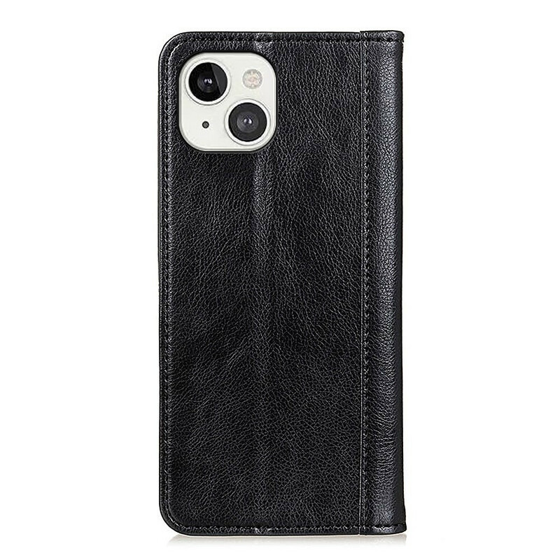 Flip Cover iPhone 13 Cuir Litchi Fendu Élégance