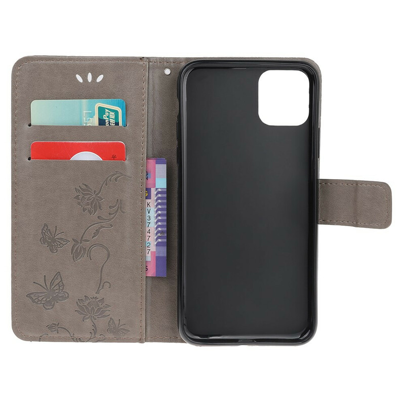 Housse iPhone 13 Papillons et Fleurs à Lanière Housse iPhone 13 Papillons et Fleurs à Lanière