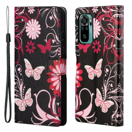 Housse Xiaomi Redmi 10 Papillons et Fleurs à Lanière Housse Xiaomi Redmi 10 Papillons et Fleurs à Lanière
