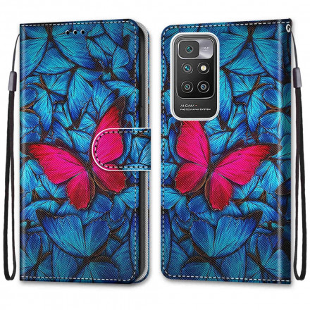 Housse Xiaomi Redmi 10 Papillon Rouge Sur Fond Bleu Housse Xiaomi Redmi 10 Papillon Rouge Sur Fond Bleu