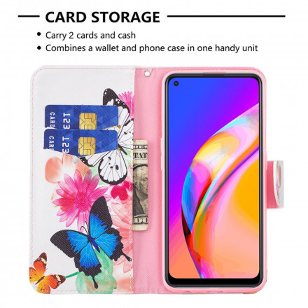 Housse Oppo A94 5G Papillons et Fleurs Peints Housse Oppo A94 5G Papillons et Fleurs Peints