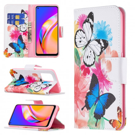 Housse Oppo A94 5G Papillons et Fleurs Peints Housse Oppo A94 5G Papillons et Fleurs Peints