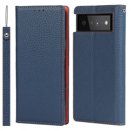 Flip Cover Google Pixel 6 Cuir Litchi Véritable à Lanière Flip Cover Google Pixel 6 Cuir Litchi Véritable à Lanière