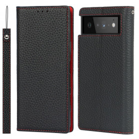 Flip Cover Google Pixel 6 Cuir Litchi Véritable à Lanière